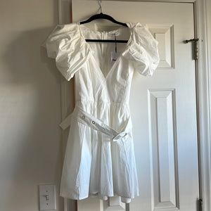 Showpo Haydie Mini dress- exaggerated shoulder, belted white